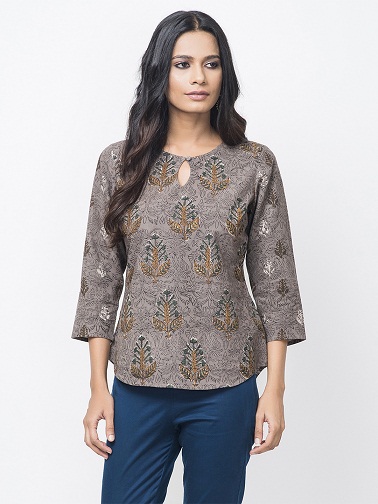 Fab India grå håndblok print A-linje Kurti