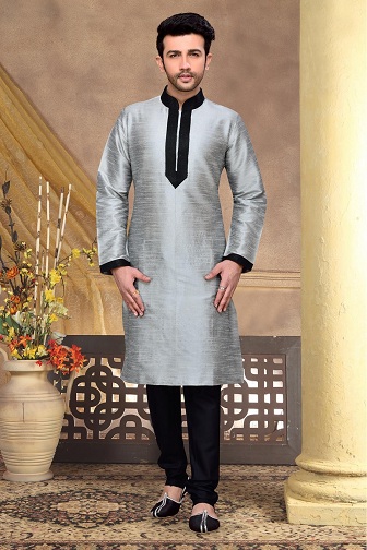 Dupion Silk Férfi szürke férfi Kurta