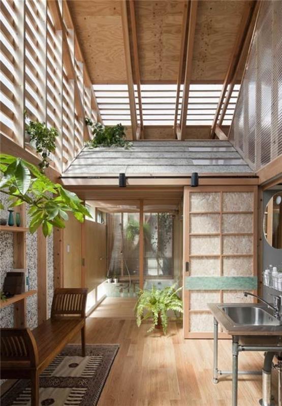 Sisustusesimerkkejä japanilaistyylisistä puukalusteista huonekasveista