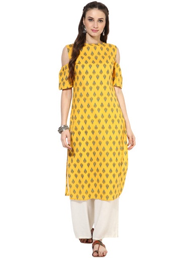 Nayo Kvinder Gulprintet Cold Shoulder Kurta