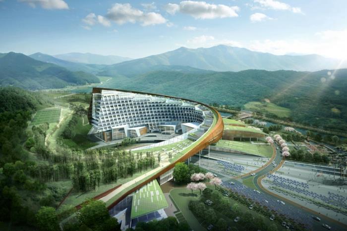 moderni arkkitehtuuri tulevaisuuden näkymät tulevaisuuden museo pilvenpiirtäjä valo rohkea vihreä tulevaisuus