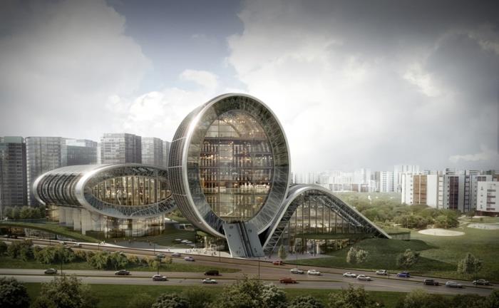 arkkitehtuuri ominaisuuksia tulevaisuuden näkymiä museo tulevaisuuden pilvenpiirtäjä valo rohkea leikkisä pyörät