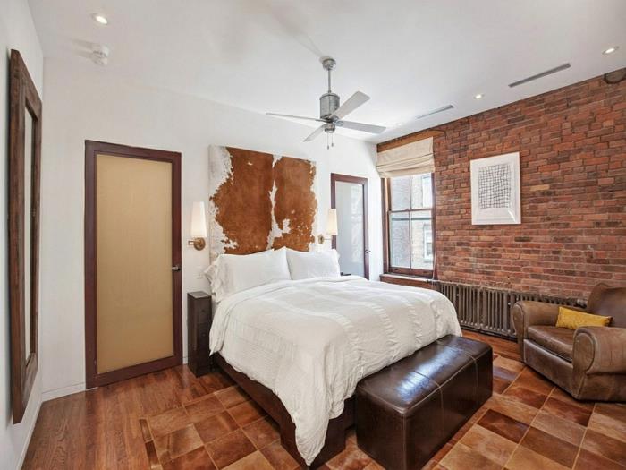makuuhuoneen suunnittelu moderni sisustus maalaismainen tiiliseinä nahka New Yorkin kaupungin huoneisto