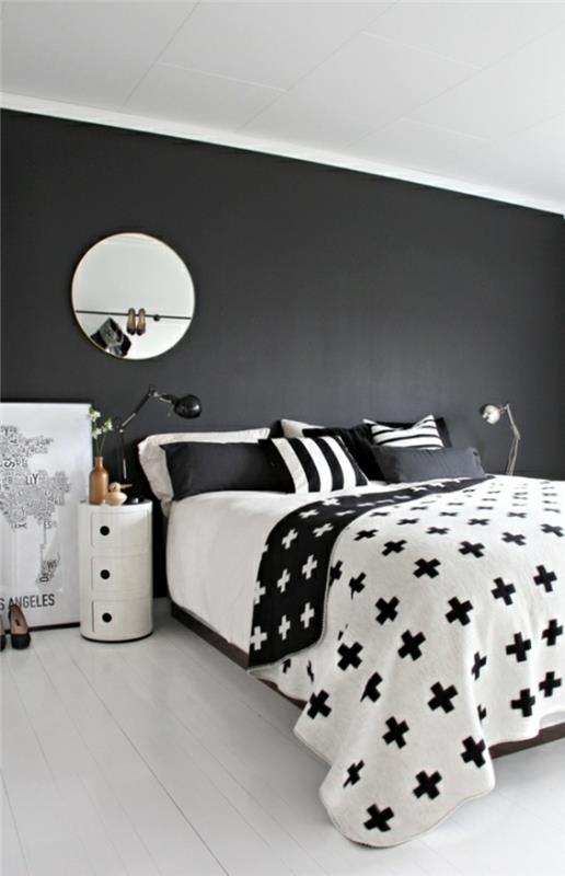 musta seinäväri makuuhuoneen sisustus musta aksentti seinä valkoinen lattia