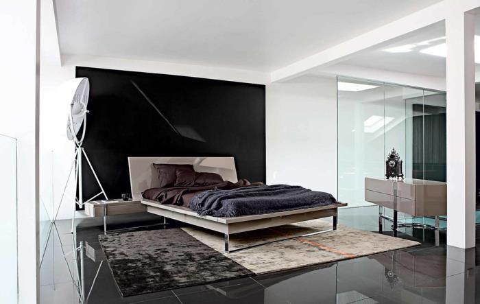 seinän väri musta makuuhuoneen sisustus aksentti seinä tyylikäs matto